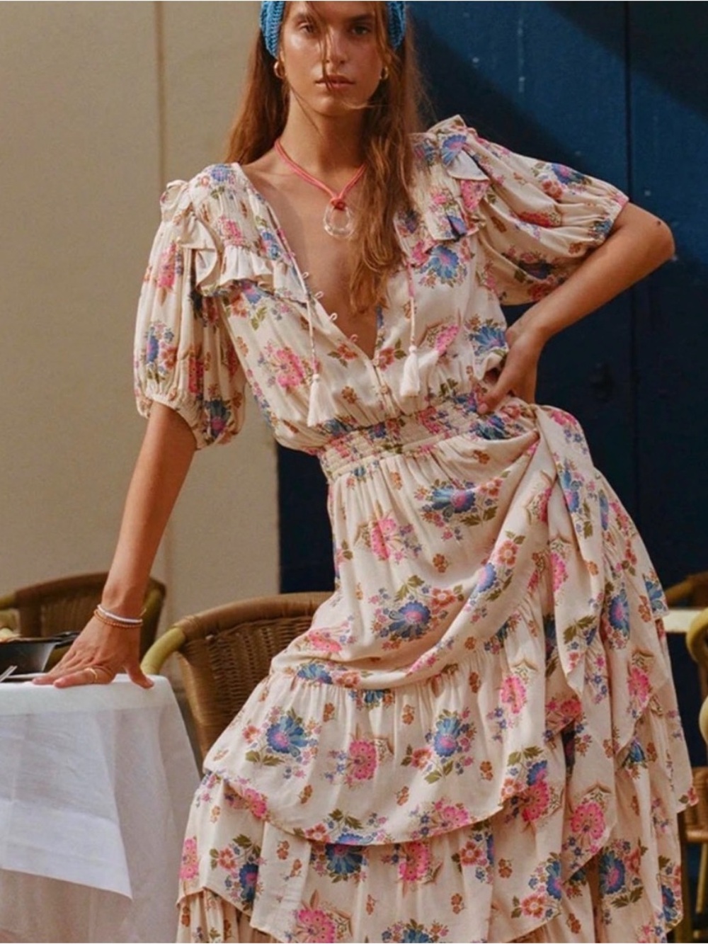 SPELL Floral Tiered Maxi Dress in Cream with Pink & Blue Flowers